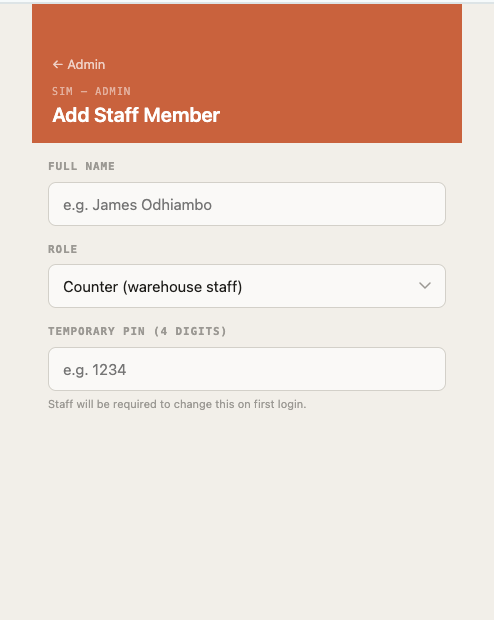 The SIM add staff member form, with fields for full name, role set to counter warehouse staff, and a four digit temporary PIN the staff member changes on first login.