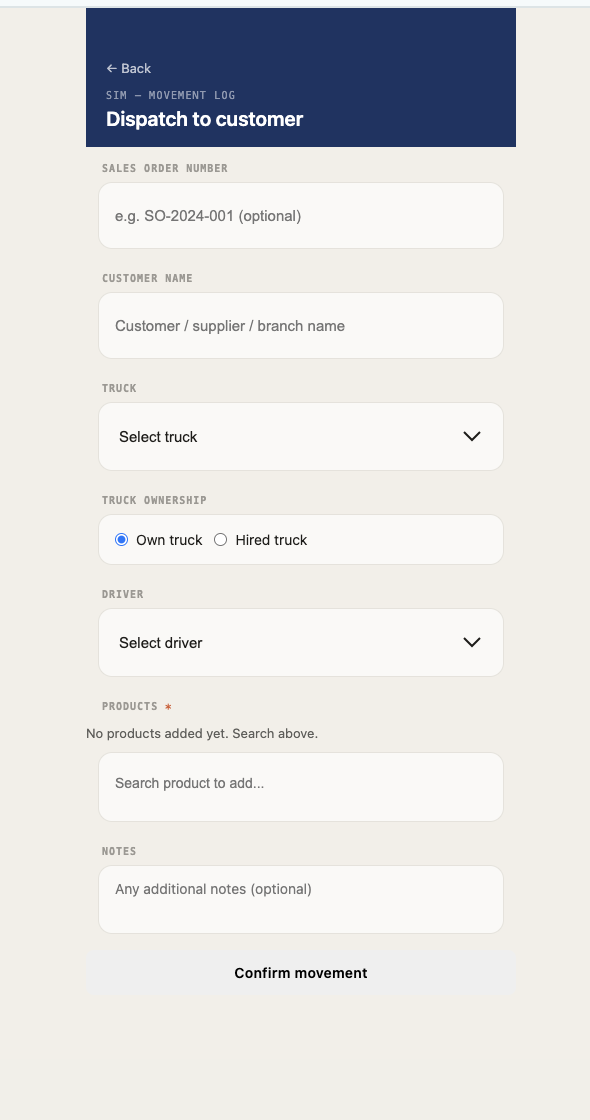 The SIM dispatch-to-customer form, with empty fields for sales order number, customer name, truck, truck ownership, driver, products and notes, ending in a confirm movement button.