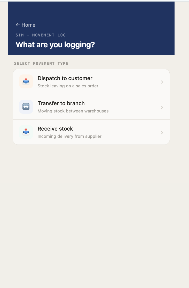 The SIM movement type picker headed what are you logging, offering dispatch to customer, transfer to branch, and receive stock.